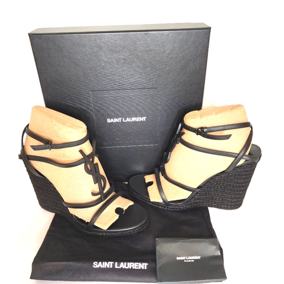 Yves Saint Laurent Cassandra wedge Espadrilles in Black Leather Size 42 - Picture 7 of 9